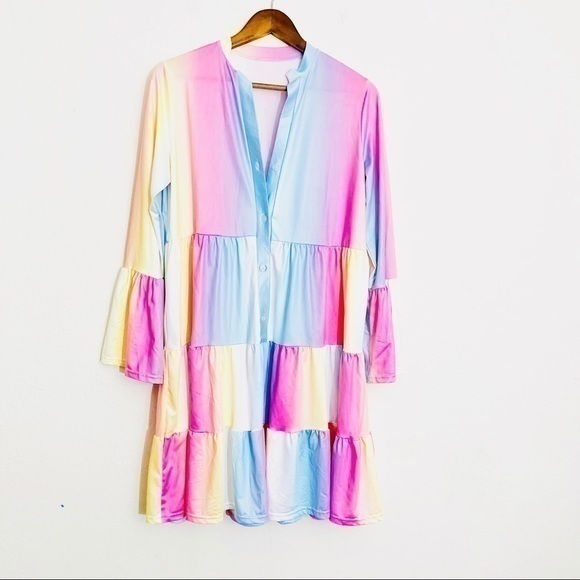 Long Sleeve Pastel Rainbow Dress - Size Small - Fits Like a Medium to Large - Picture 1 of 5